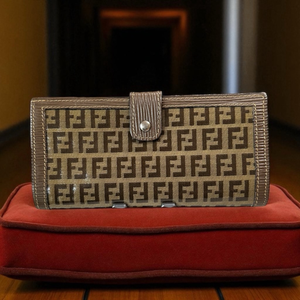 Fendi Zucca Brown/Tan Coated Canvas & Leather Long Kisslock Wallet